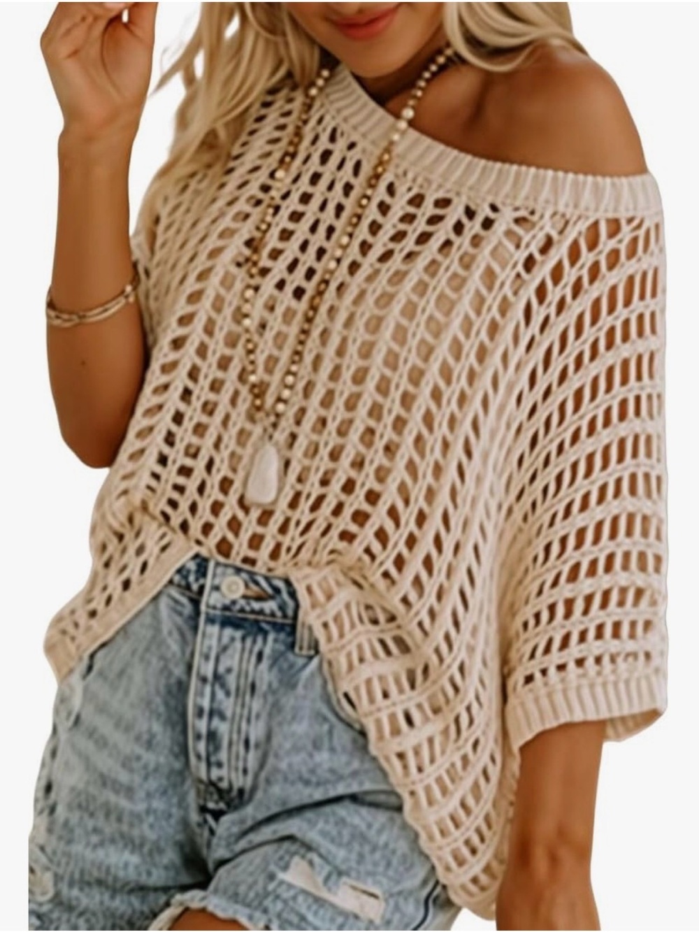 Open-Knit Off-Shoulder Cream Sweater